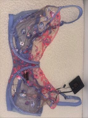 Honey Birdette Sheer Embroidered Underwire Bra in Lavender and Pink
